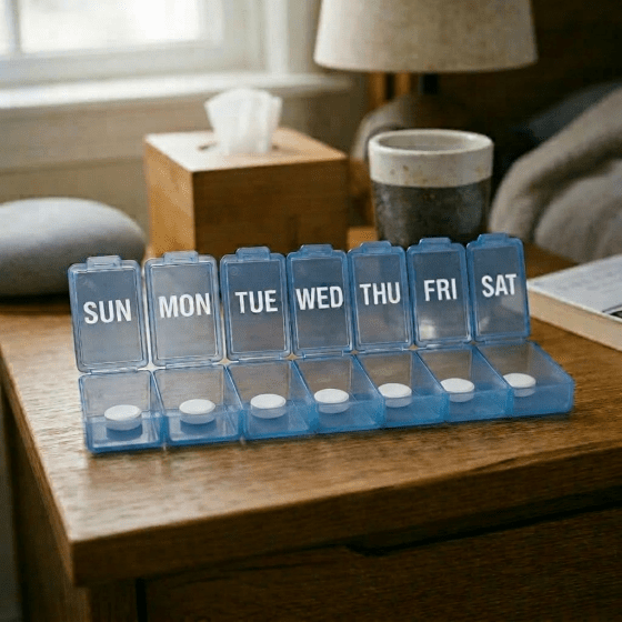 Blue pill organizer labeled with days of the week containing multiple pills