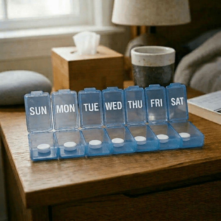 Blue pill organizer labeled with days of the week containing multiple pills