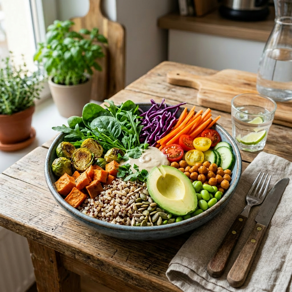 Bowl with avocado, chickpeas, quinoa, roasted sweet potatoes, Brussels sprouts, spinach, purple cabbage, carrots, cherry tomatoes, cucumber, seeds, and creamy dressing