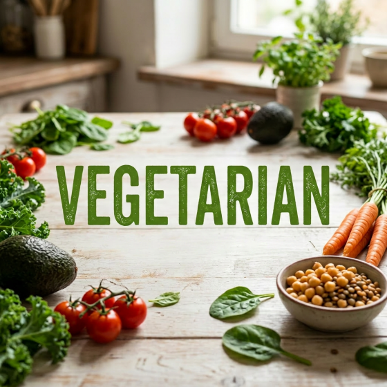 Fresh vegetables and legumes including spinach, tomatoes, kale, avocado, carrots, chickpeas, and lentils on a wooden table