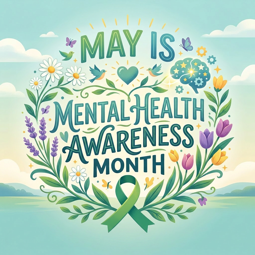May is Mental Health Awareness Month text with green ribbon and flowers
