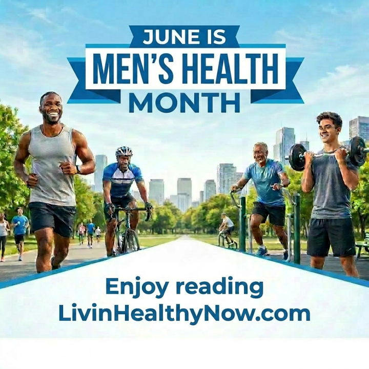 Men running, cycling, and lifting weights outdoors celebrating Men's Health Month