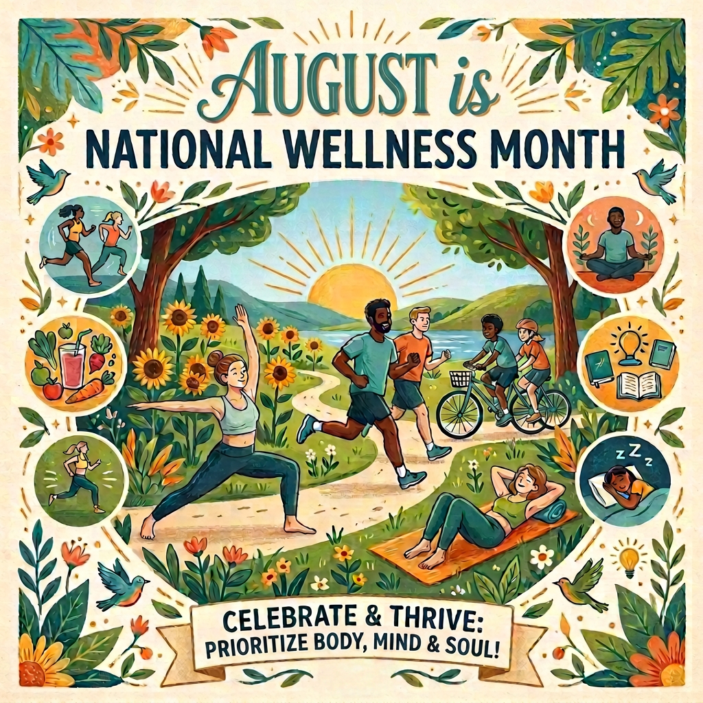 People jogging, doing yoga, biking, and relaxing outdoors with wellness icons around