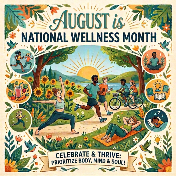 People jogging, doing yoga, biking, and relaxing outdoors with wellness icons around