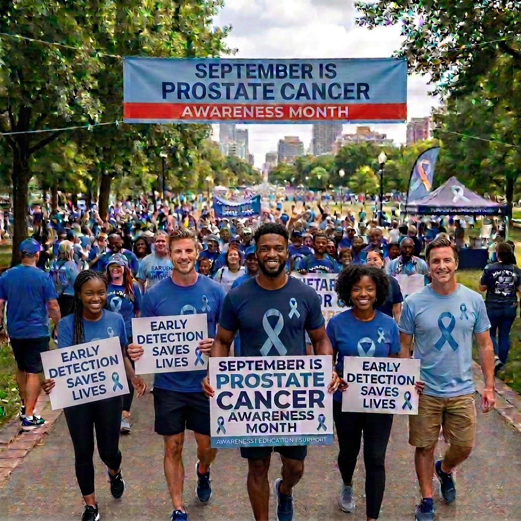 Crowd walking under a September prostate cancer awareness banner