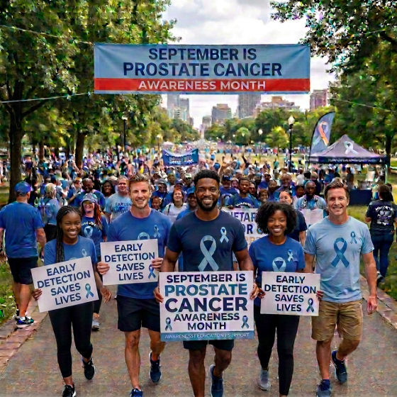 Crowd walking under a September prostate cancer awareness banner