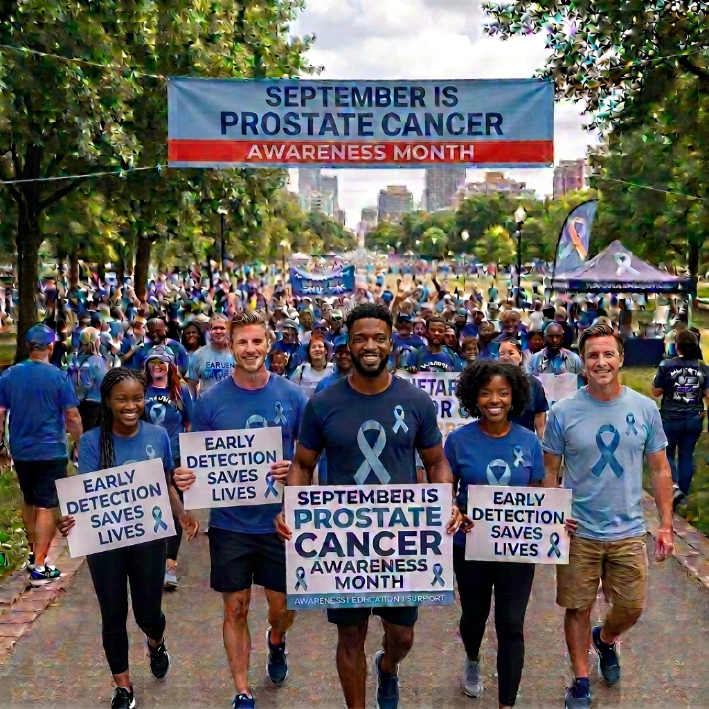 Crowd walking under a September prostate cancer awareness banner