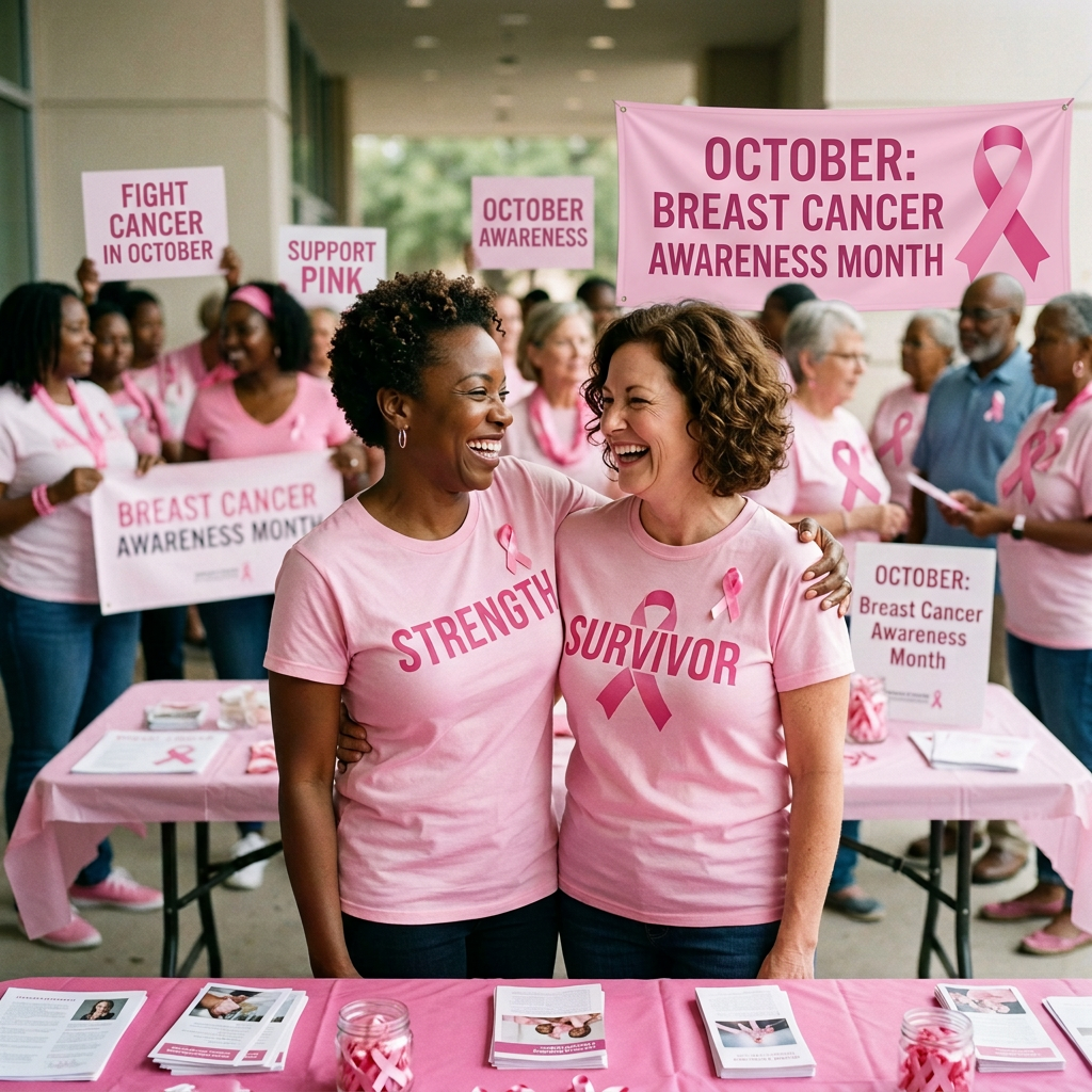 Two women wearing Strength and Survivor shirts at a Breast Cancer Awareness Month event